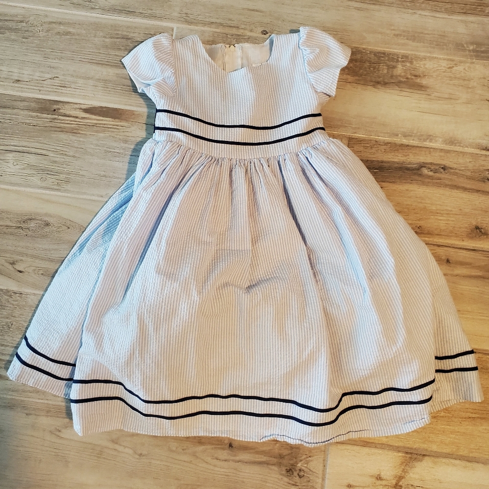 Swea' Pea & Lilli Girls Seersucker Dress 4T Cotton Blue White Bow Party